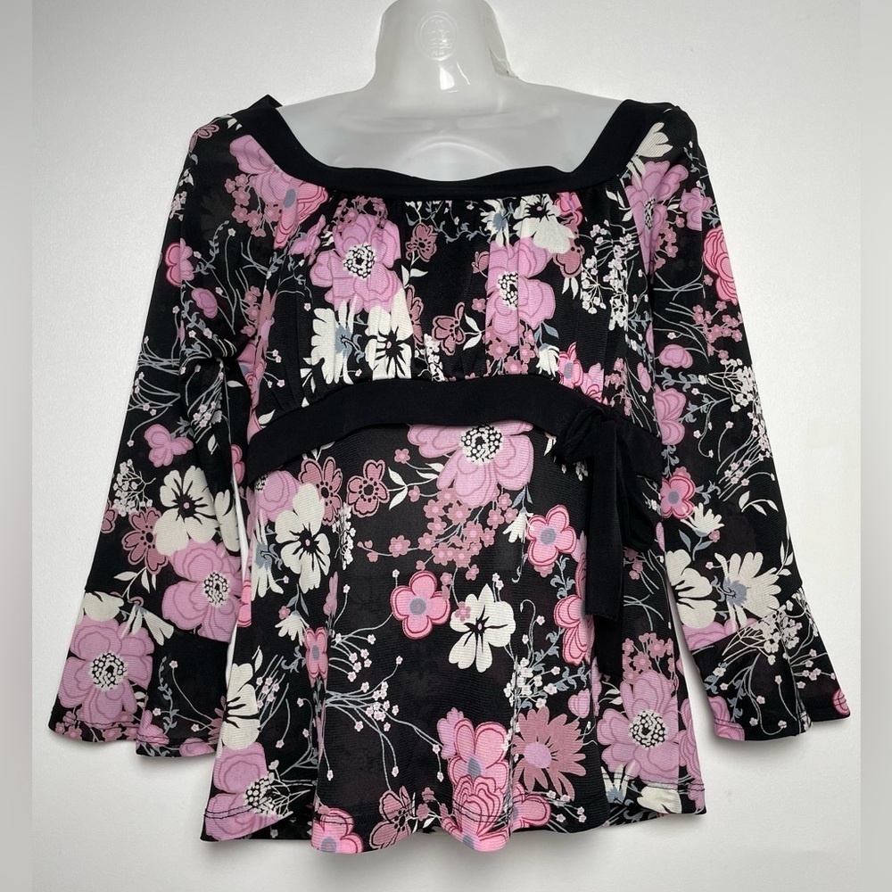 Black White Pink Floral Sheer Bell Sleeves Y2K Blouse Top Size XL Bow Vintage